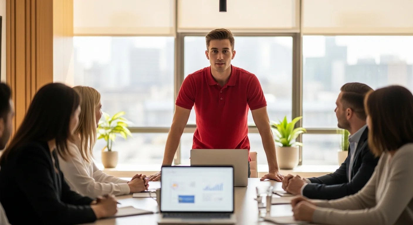 IT professional in red polo leading a presentation to clients in a boardroom