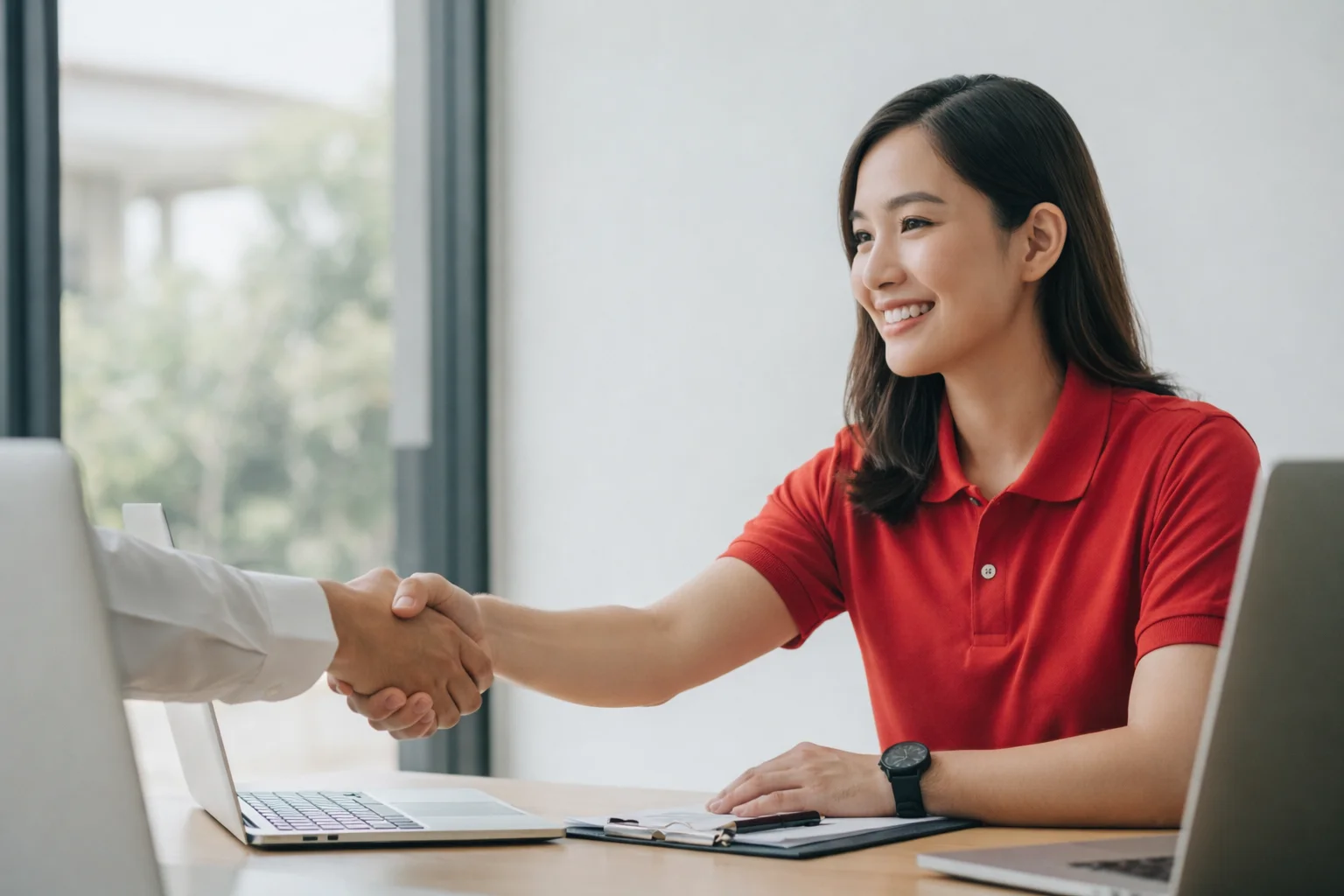 IT professional in red polo shaking hands with a client during a business meeting