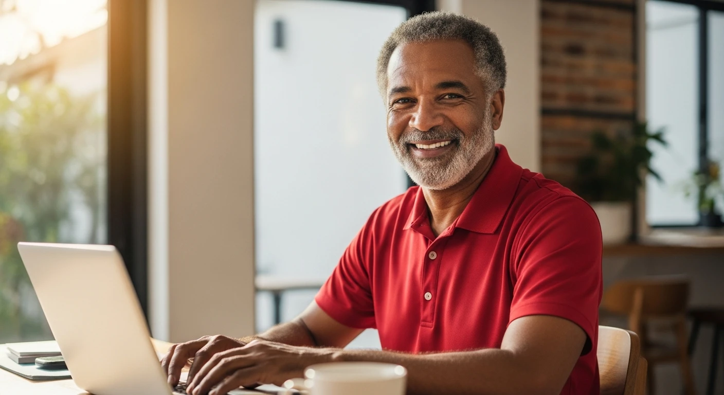 Experienced IT professional in red polo working on laptop in a relaxed cafe setting